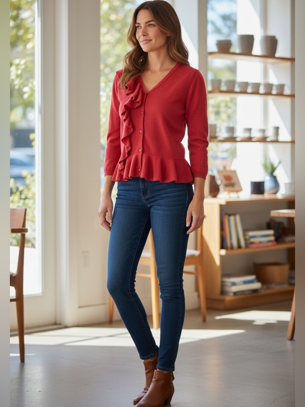 Red Valentino Red Ruffle Trim Cardigan Sweater Size Small *Flawed